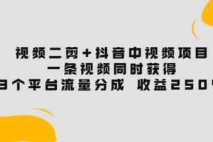 視頻二剪 抖音中視頻項(xiàng)目：一條視頻獲得3個(gè)平臺(tái)流量分成 收益250% 價(jià)值4980