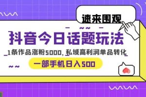 抖音今日話題玩法，1條作品漲粉5000，私域高利潤單品轉(zhuǎn)化 一部手機日入500