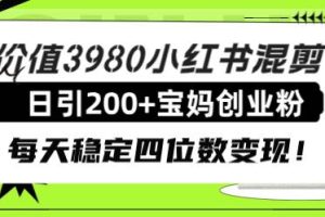 價值3980小紅書混剪日引200 寶媽創(chuàng)業(yè)粉，每天穩(wěn)定四位數(shù)變現(xiàn)！