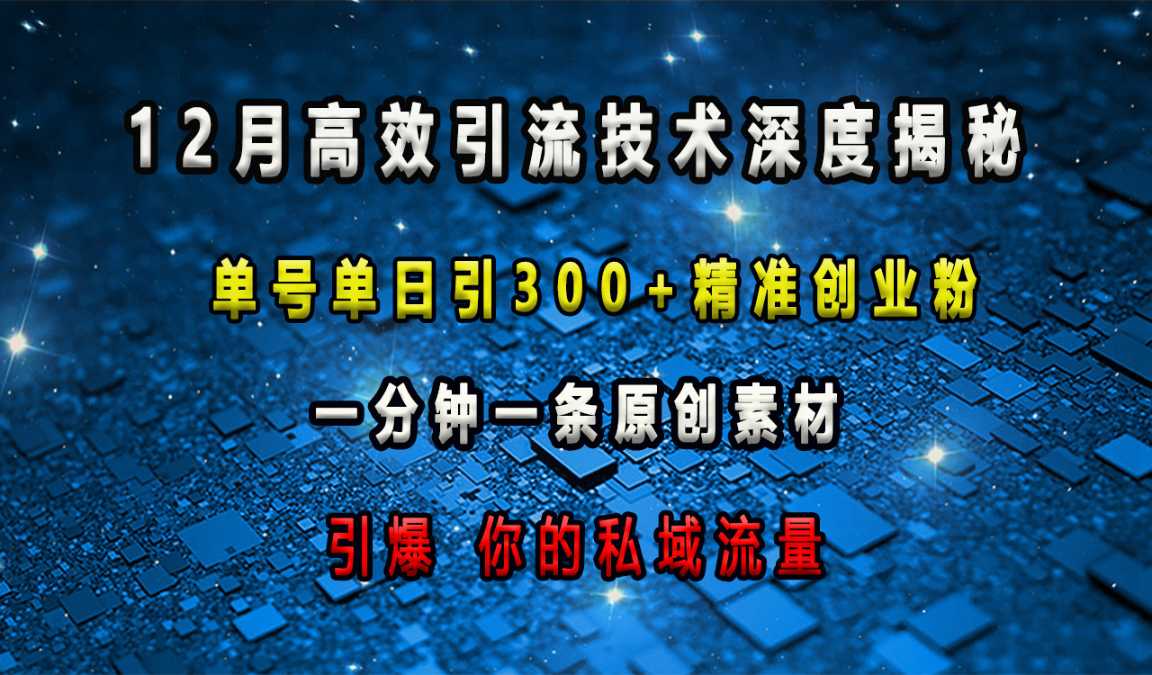 12月高效引流技術(shù)深度揭秘 ，單號單日引300+精準(zhǔn)創(chuàng)業(yè)粉，一分鐘一條原創(chuàng)素材，引爆你的私域流量