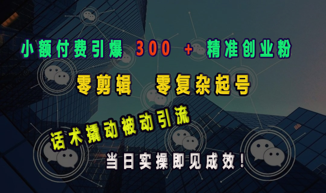 小額付費(fèi)引爆 300 + 精準(zhǔn)創(chuàng)業(yè)粉，零剪輯、零復(fù)雜起號(hào)，話術(shù)撬動(dòng)被動(dòng)引流，當(dāng)日實(shí)操即見成效！