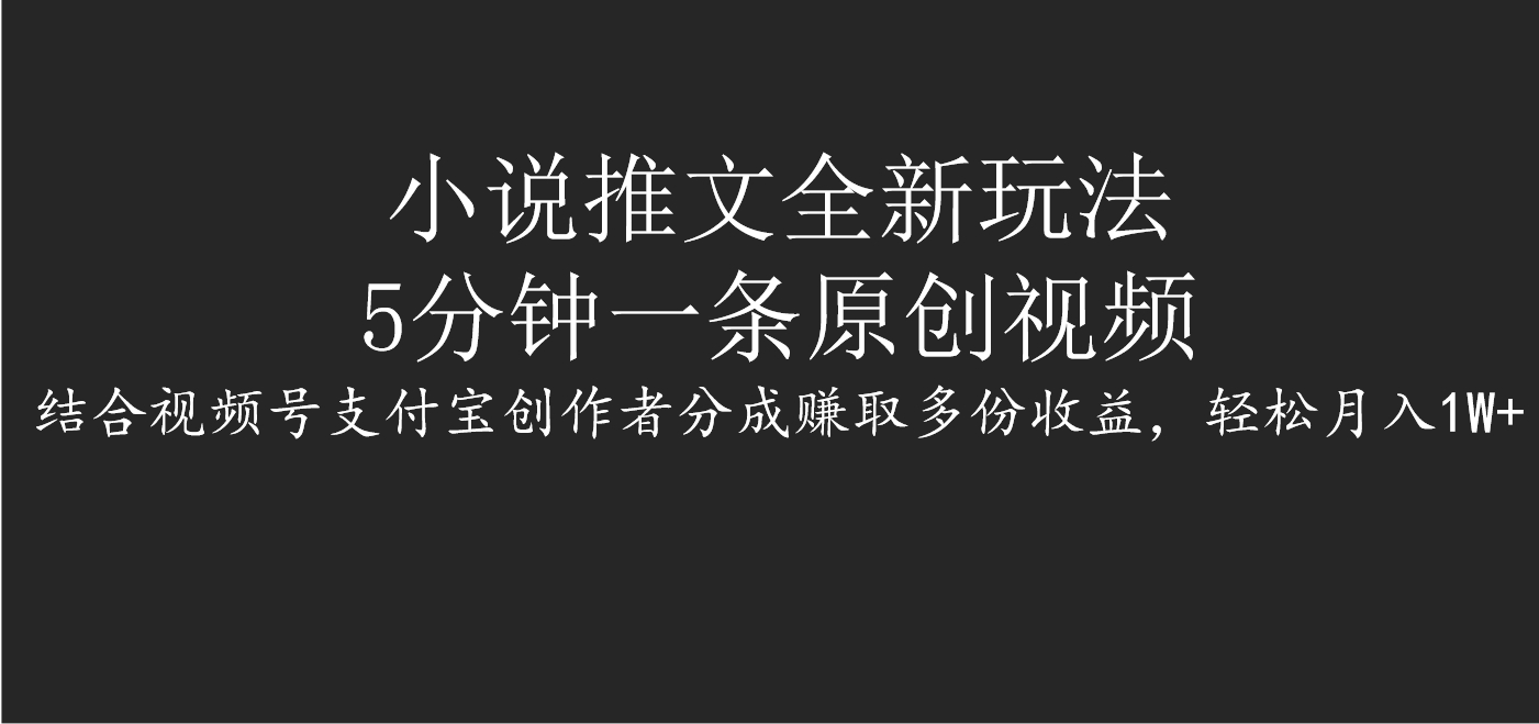 小說推文全新玩法，5分鐘一條原創視頻，結合視頻號支付寶創作者分成賺取多份收益，輕松月入1W+