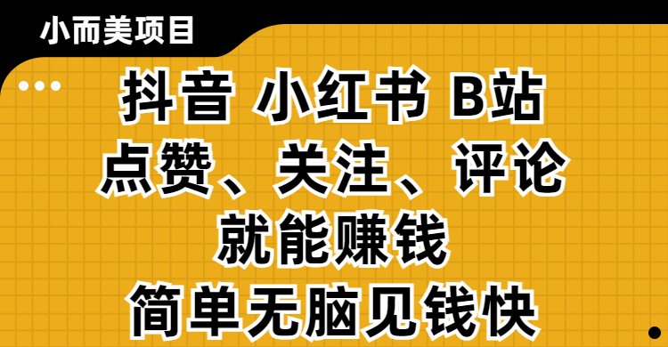 小而美的項目，抖音、小紅書、B站視頻點贊、關注、評論就能賺錢，簡單無腦立見收益！妥妥的零擼項目