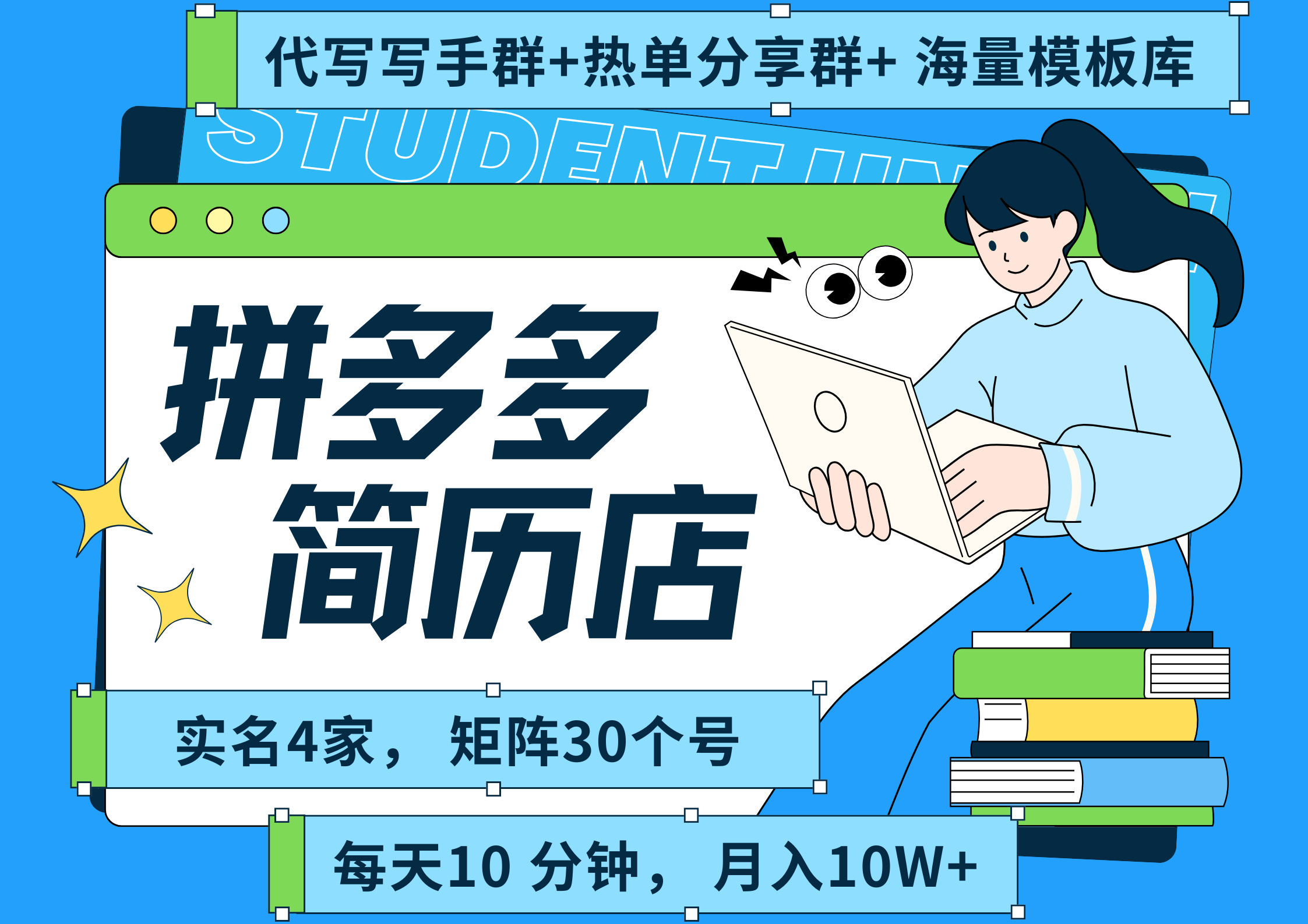 拼多多 虛擬資料 簡(jiǎn)歷 海報(bào)代寫 全SOP流程 毫無(wú)保留分享（含后端資料以及代寫渠道）每天十分鐘 每人實(shí)名四個(gè)店 ?矩陣30個(gè)賬號(hào) ?輕輕松松 月入10W插圖