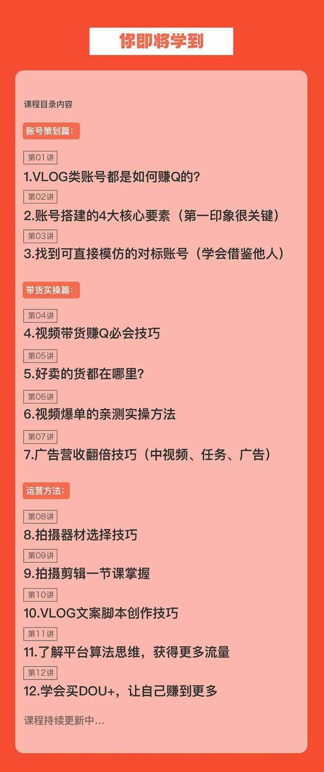新手VLOG短視頻特訓營：學會帶貨、好物、直播、中視頻、賺Q方法（16節課）插圖1